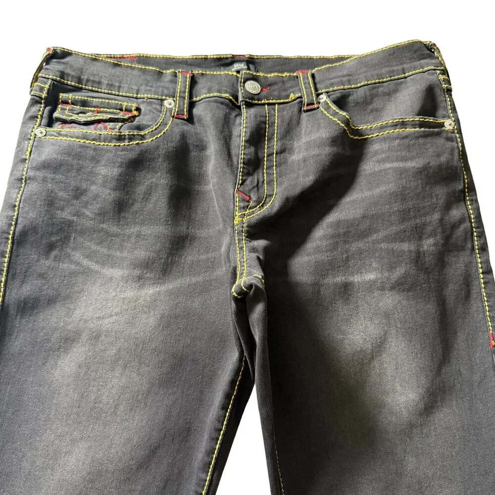 True Religion Geno Relaxed Slim Black Jeans Red Stitch Flap Pocket Men’s 38x31
